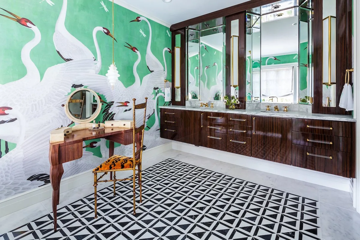 Happy Hollow primary bathroom vanity, macassar wood double vanity with brass hardware, mirrored cabinets, and crane mural wallpaper. Studio Eckström