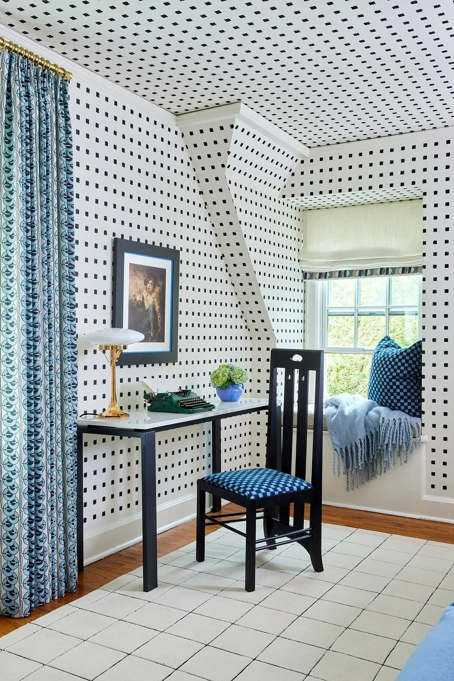 The Werkstaate Room, black writing desk with green typewriter, window seat with checked cushion, and grid dot wallpaper. The Dundee Remodel, Studio Eckström Omaha