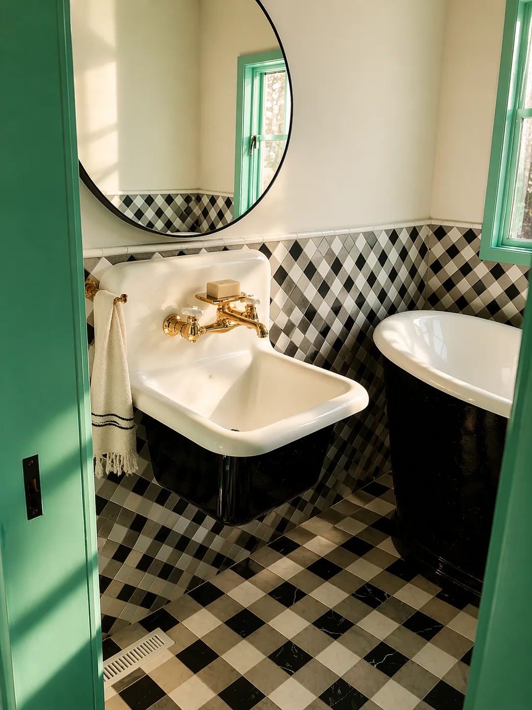 Bathroom with black pedestal sink, unlacquered brass faucet, black and white gingham marble tile, round mirror, and green door frames. Country Equestrian, Studio Eckström