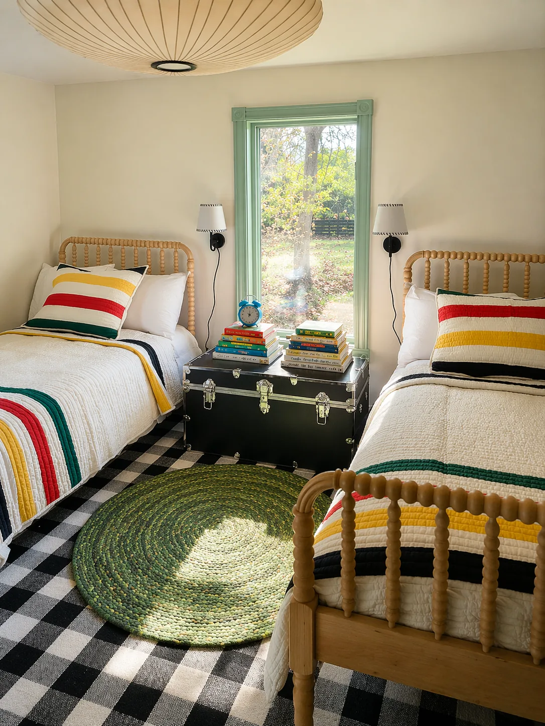 Bunkroom with Jenny Lind twin spindle beds, Hudson Bay-inspired striped quilts, black trunk nightstand, and gingham carpet tile. Country Equestrian, Studio Eckström