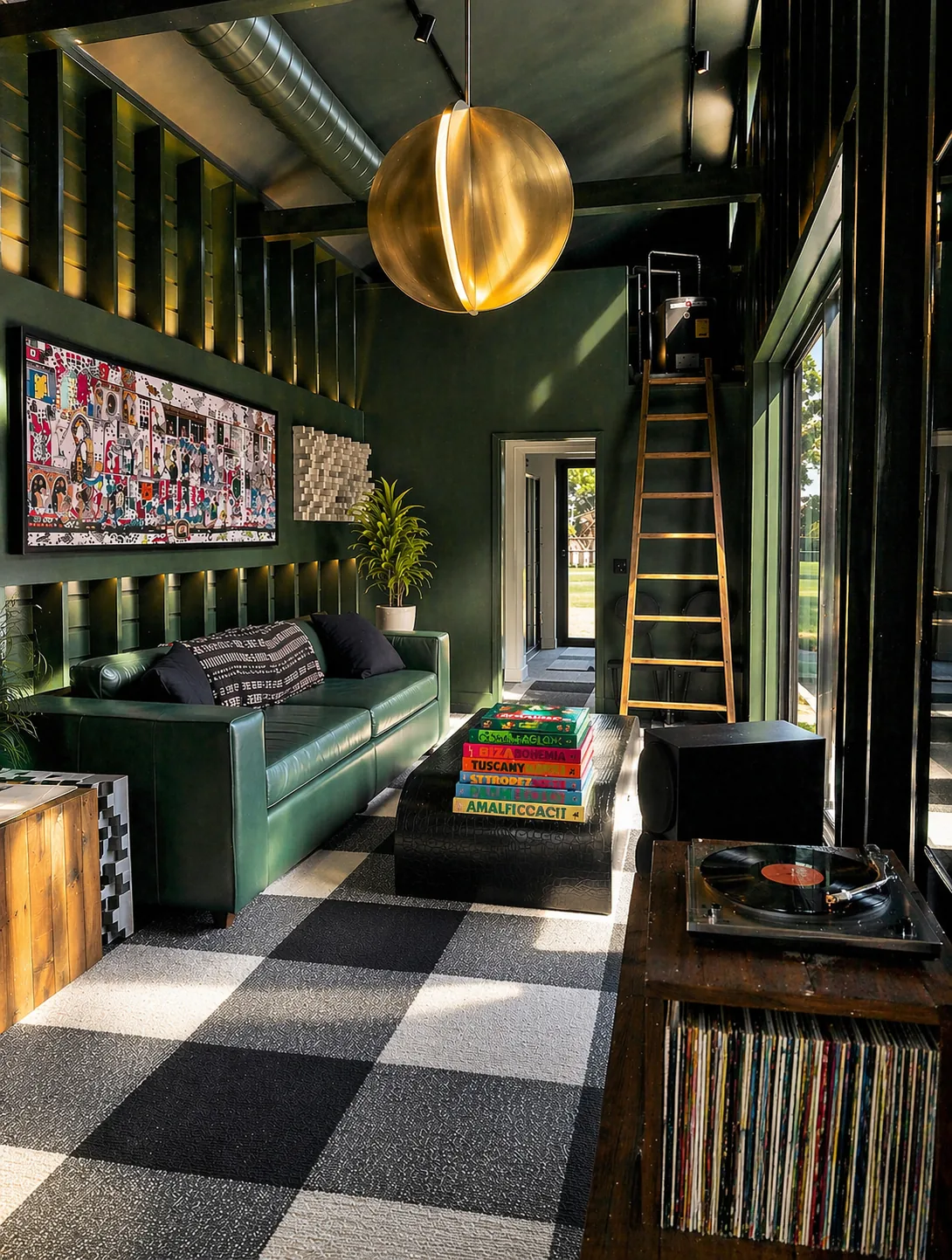 Corn Crib converted outbuilding, brass globe pendant, green corrugated metal walls, gingham carpet tile, loft ladder, and floor-to-ceiling windows. Country Equestrian, Studio Eckström