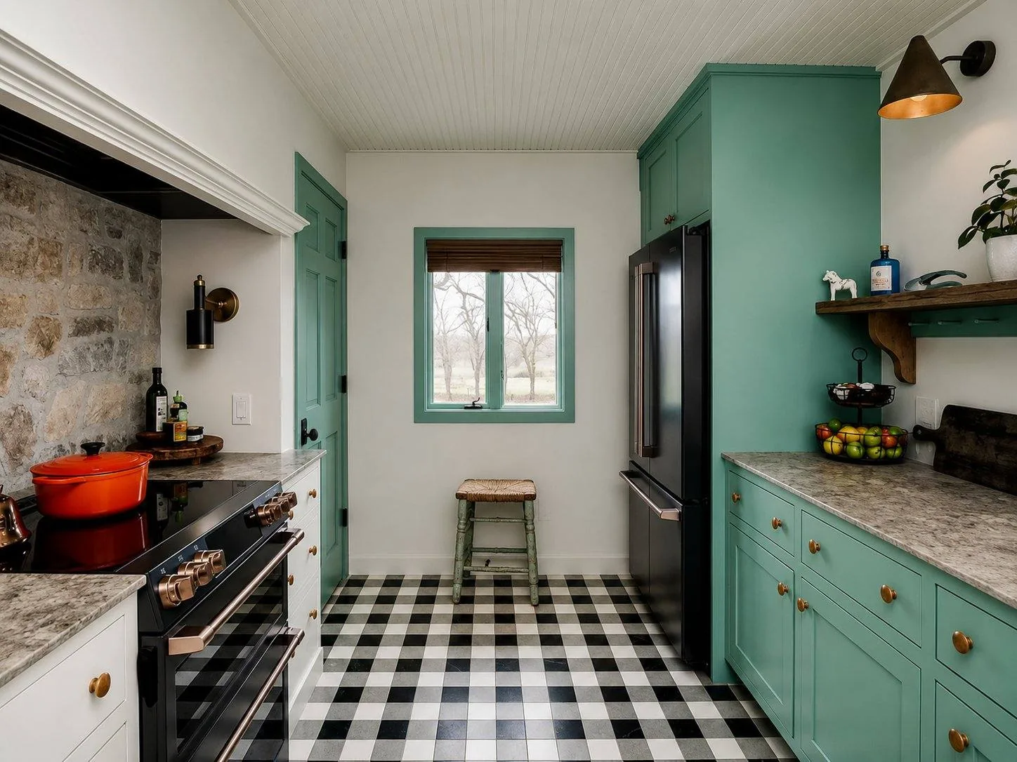 Kitchen refrigerator wall, matte black refrigerator, forest green upper cabinetry, reclaimed wood shelving, and gingham marble tile. Country Equestrian, Studio Eckström