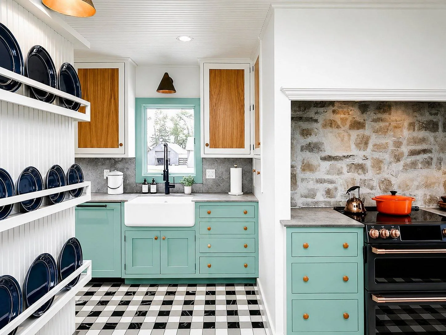Kitchen farmhouse sink, mint shaker cabinets, original stone backsplash, open plate rack of blue dishes, and gingham marble tile. Country Equestrian, Studio Eckström