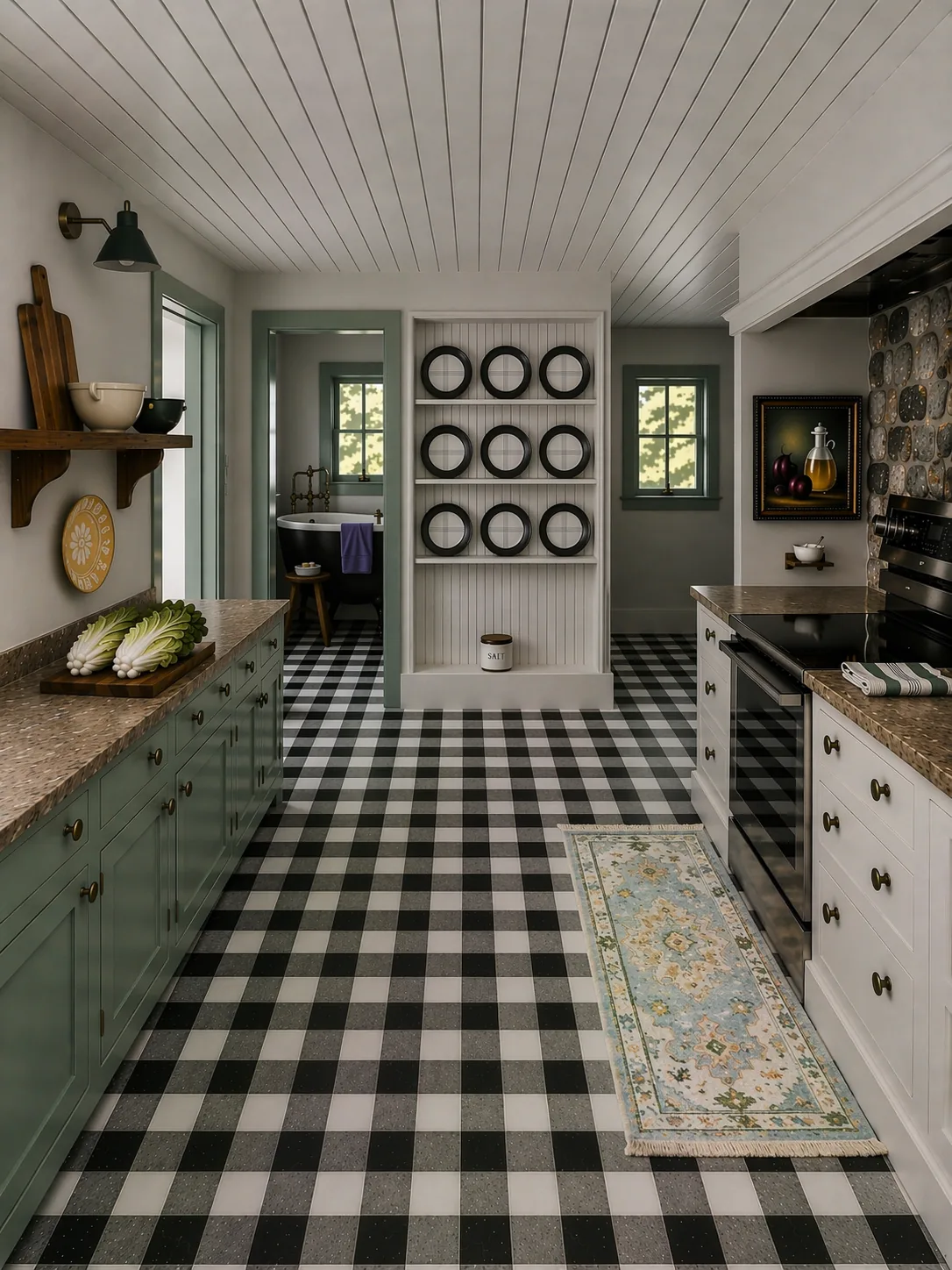 Kitchen galley with gas range and original stone wall surround, mint shaker cabinetry, beadboard ceiling, and custom gingham marble tile floor. Country Equestrian, Studio Eckström
